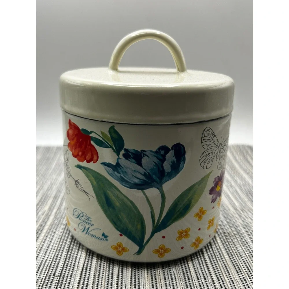 The Pioneer Woman Breezy Blossom Bacon Grease Canister Enamel Steel Strainer Lid